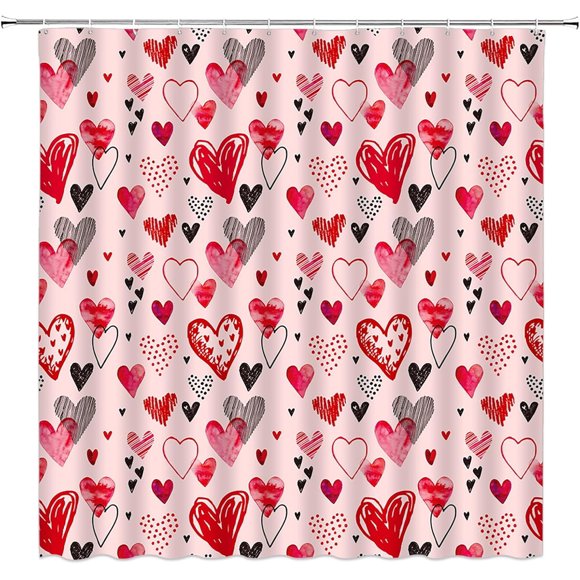 Rideau de Douche Saint-Valentin Cœurs Mignons Amour Romantique Moderne Minimaliste Aquarelle Doodle Décoration de Salle de Bain Rideaux en Polyester avec Crochets