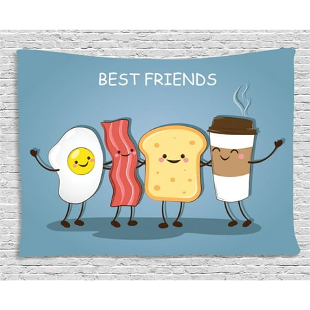 Bacon Tapestry, Cute Image of an Egg Bacon Toast Bread and Cup of Coffee as Morning Best Friends, Wall Hanging for Bedroom Living Room Dorm Decor, 80W X 60L Inches, Multicolor, by