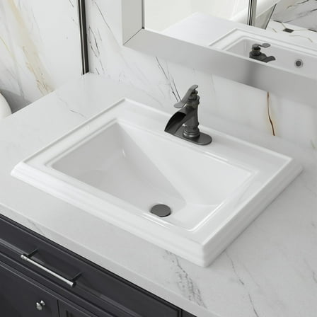 23"L x 18"W Drop In Bathroom Sink with Single Faucet Hole & Front Overflow in Glossy White Ceramic Rectangular Design for Bathroom/Vanity