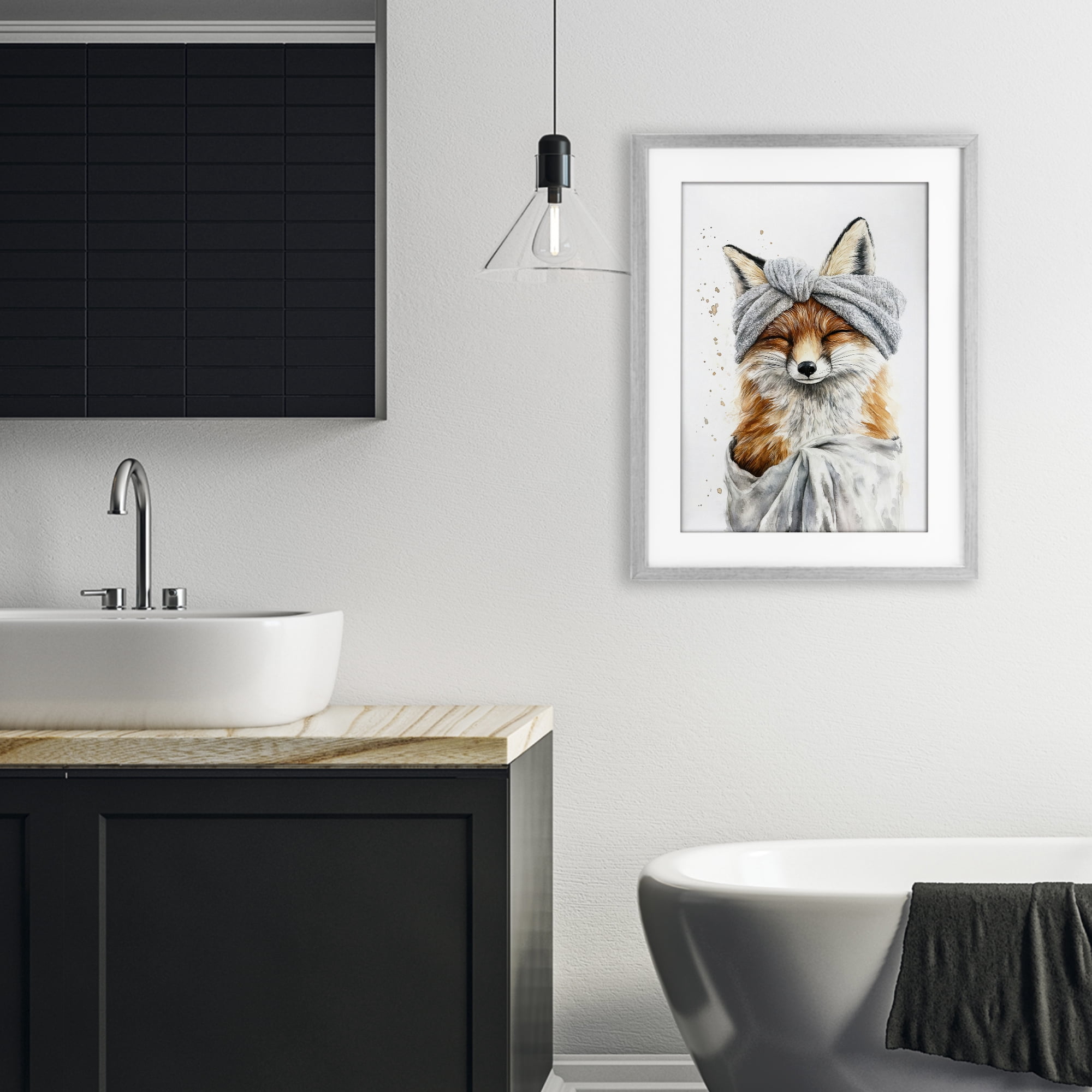 Stupell Industries Bathroom Fox Wrapped in Towel Gray Framed Print Under Glass, design by Tina LeCour