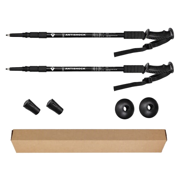 2 Pack Trekking Poles with Anti-Shock System, Lightweight Aluminum Adjustable Hiking Walking Sticks, Telescopic 62-135cm with Ergonomic Foam Grip Wrist Strap Rubber Tips Mud Baskets for Camping Trail