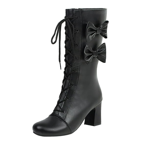 Shadoumai Women Lace Up Knee High Boot Platform Chunky Mid Heel Long Boots Shoes,Bow Knee High Boots Bowknot Heel Mid Calf Boots Fashion Student Casual Footwear