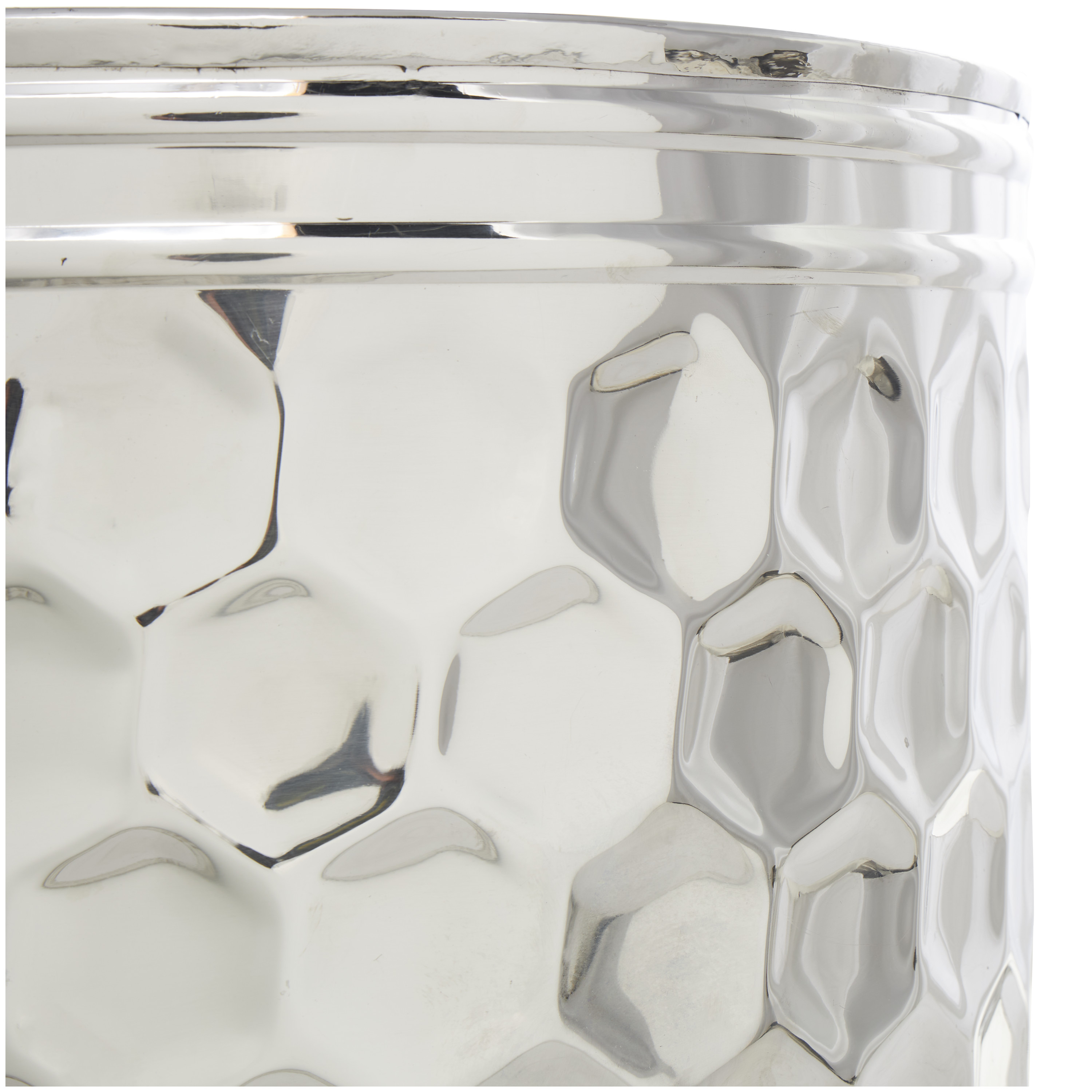 DecMode 16" x 18" Silver Stainless Steel Drum Geometric Accent Table with Hexagon Patterned Exterior, 1-Piece