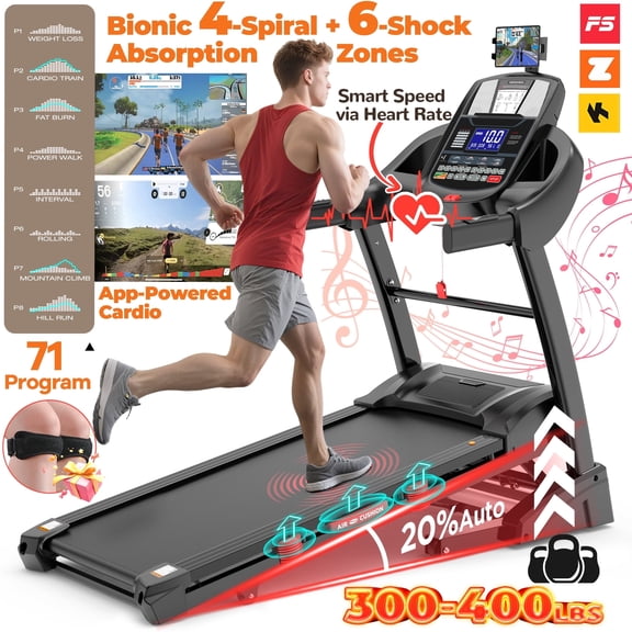 20% Auto Incline Treadmill 5.1HP for Home, Folding Treadmill w/ 300LB Capacity, Dual HiFi Speaker, App Control w/ Virtual Running, 64+7 Programs, 6 Point Shock-absorbing Cushions, Portable Treadmill