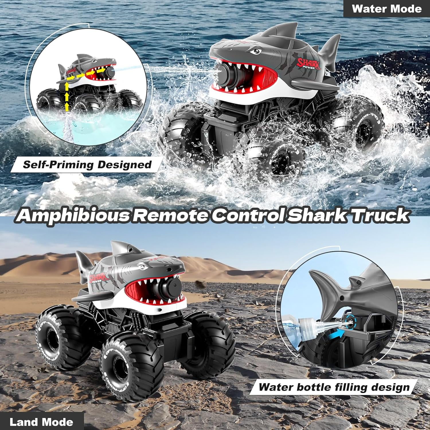 Adofi Amphibious Remote Control Car, 4WD All-Terrain Off-Road Water Toys, 2.4GHz Shooting Waterproof RC Monster Truck, Toys for Boys 3 6 Years - Gray