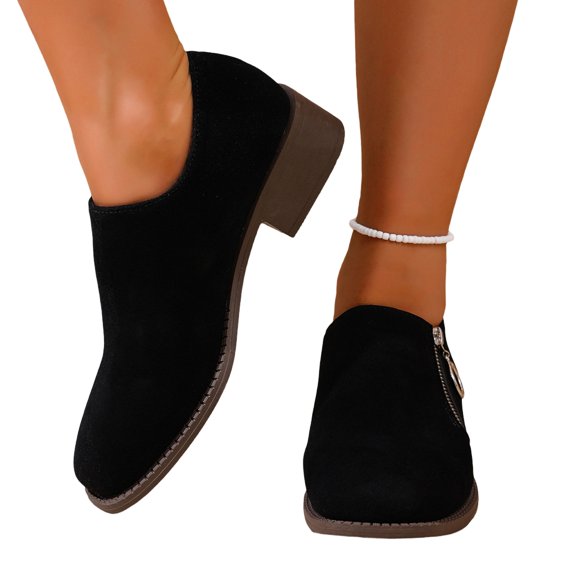 EKVAHL Side Zipper Oxford Booties for Women, Orthopedic Suede Slip On Block Heel Shoes, Metal Ring Decor Office Daily Walking Boots Black
