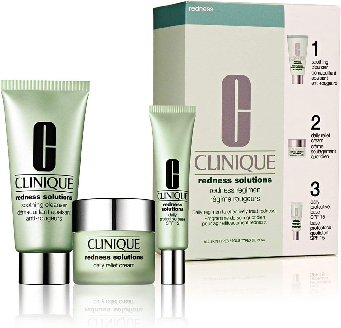 Initiativ Nordamerika kollektion Clinique Redness Solutions Redness Regimen 3 Pcs SET: Soothing Cleanser,  75ml Daily Relief Cream, 30ml Daily Protective Base SPF 15, 15ml -  Walmart.com