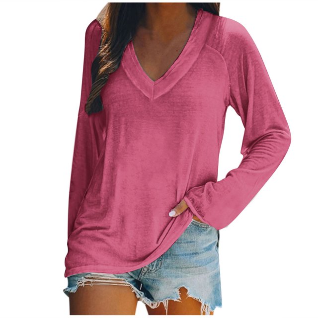 AherBiu Womens T Shirts V Neck Loose Fitted Long Sleeve Basic Tee Oversized Comfy Fall Tops Solid Color