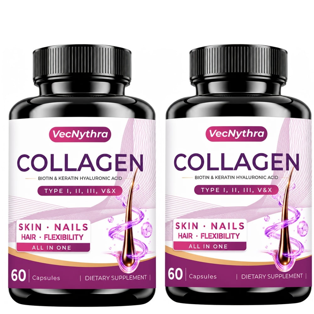 VecNythra Multi Collagen Capsules Types I, II, III, V & X with Biotin, Vitamin C, Hyaluronic Acid and Elastin, Hair, Skin, Nails and Joint Support Supplement, 120 Count