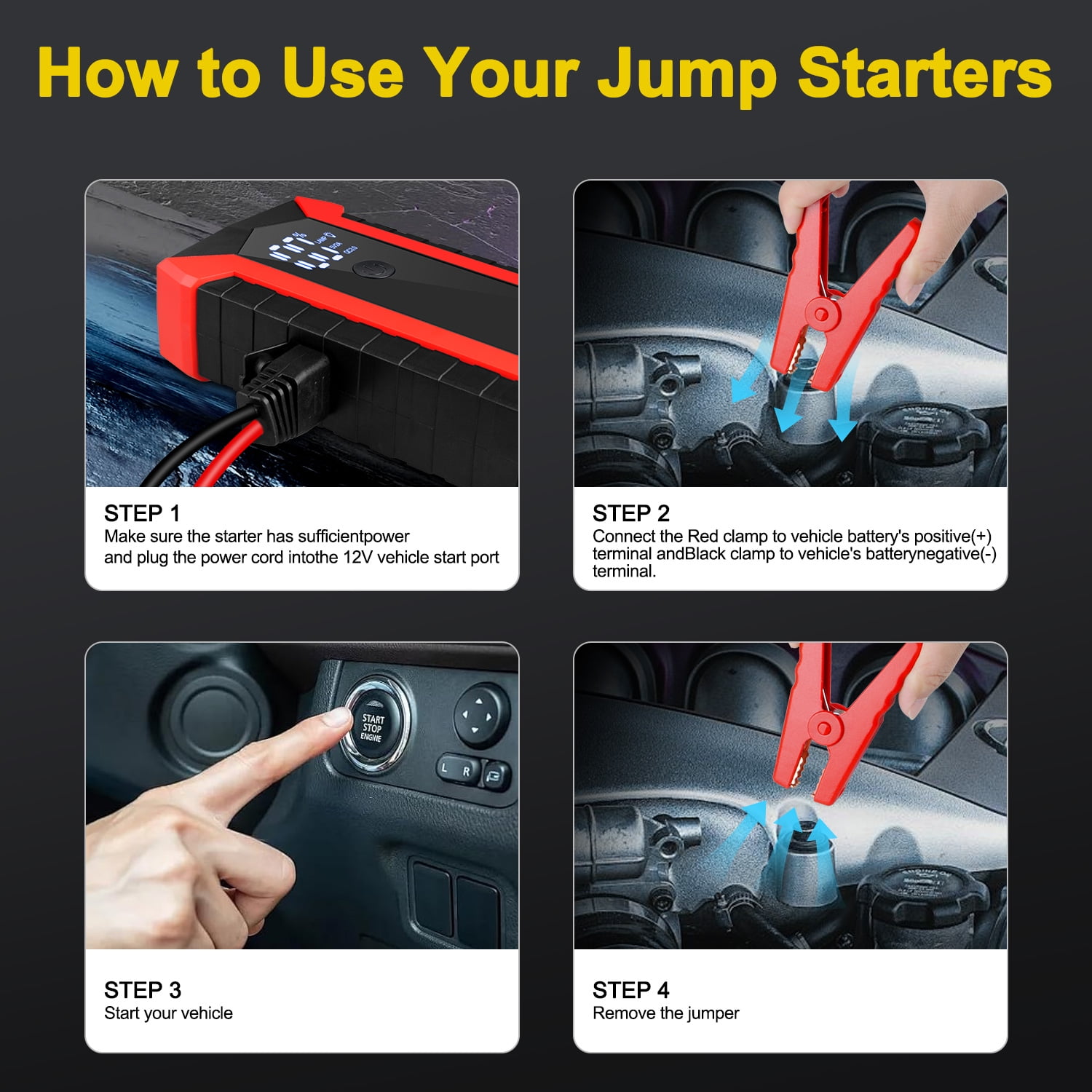 Zacenei Car Jump Starter,3000A Peak Automotive Battery Charger 20000mAh Power Bank Power Pack(Start 9L Gas Engine or up to 7L Diesel Engine), with 3 Modes Flashlight,12V Car Jumper Portable Jump Box
