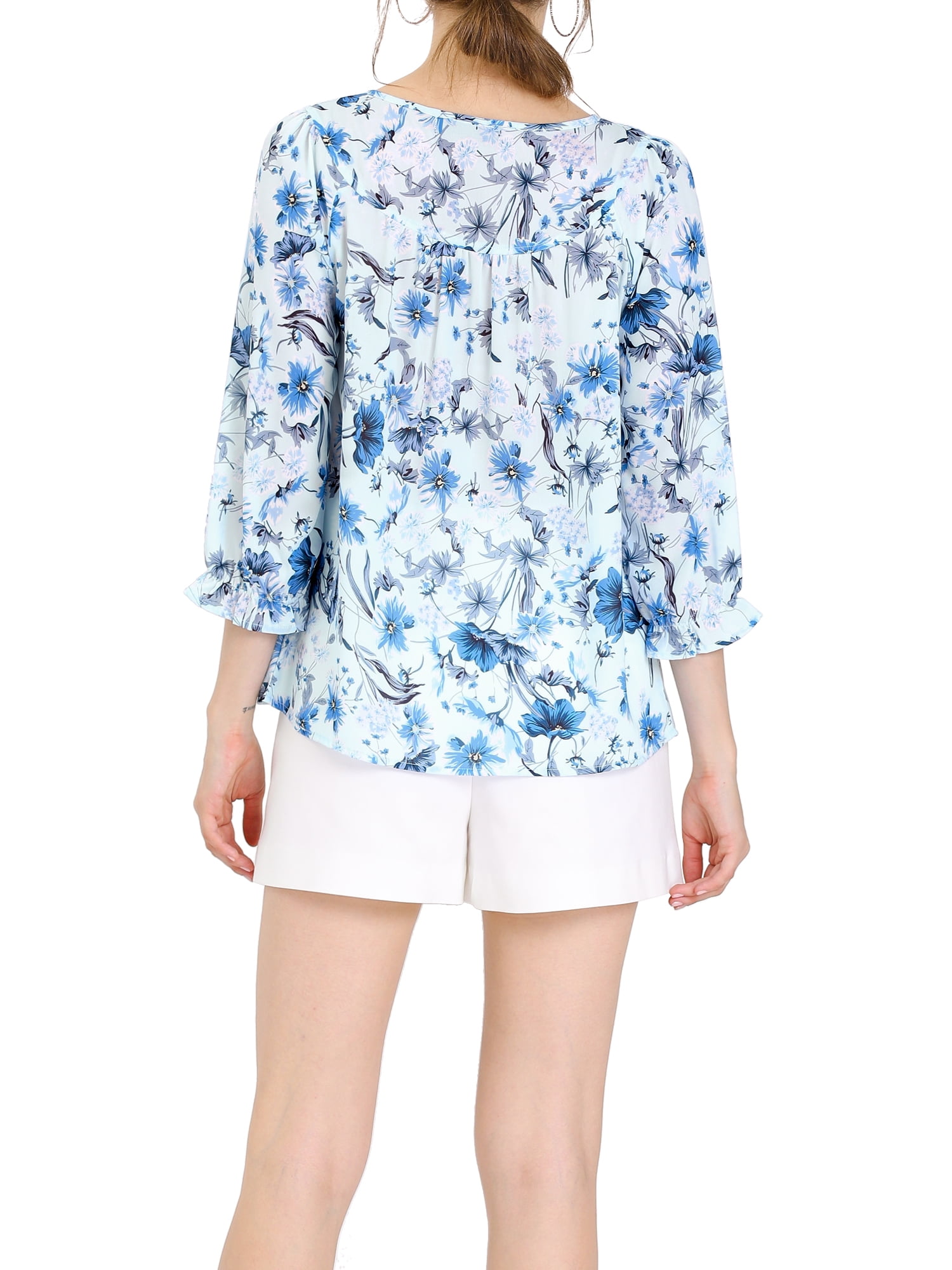 DARING DIVA Tie V Neck Boho Ruffled 3/4 Sleeve Blouse M Blue