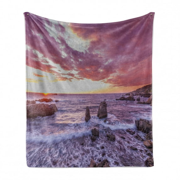 Big Sur Soft Flannel Fleece Throw Blanket, Sunset Picturesque Scene at Rocky Coast with Calming Sky in Violet Pinkish Tones, Cozy Plush for Indoor and Outdoor Use, 70" x 90", Multicolor, by Ambesonne