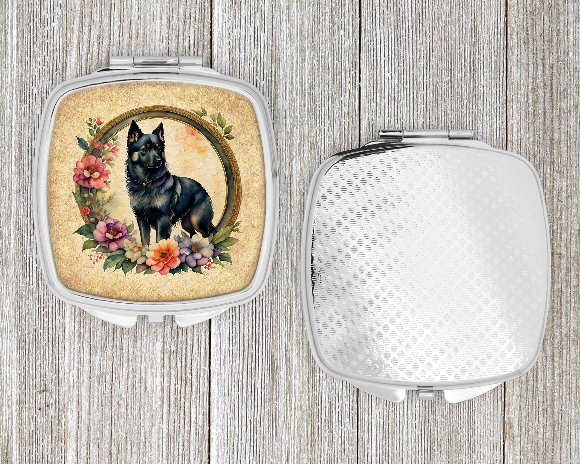 Schipperke and Flowers Compact Mirror 2.75 in x 3 in