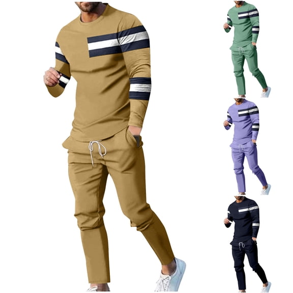 YHAJDS Men's Winter Casual Set,2 Piece Sets for Men Fall Winter Outfit Sets Long Sleeve Crew Neck Color Block T Shirt with Elastic Waist Pants Soft Casual Activewear Set