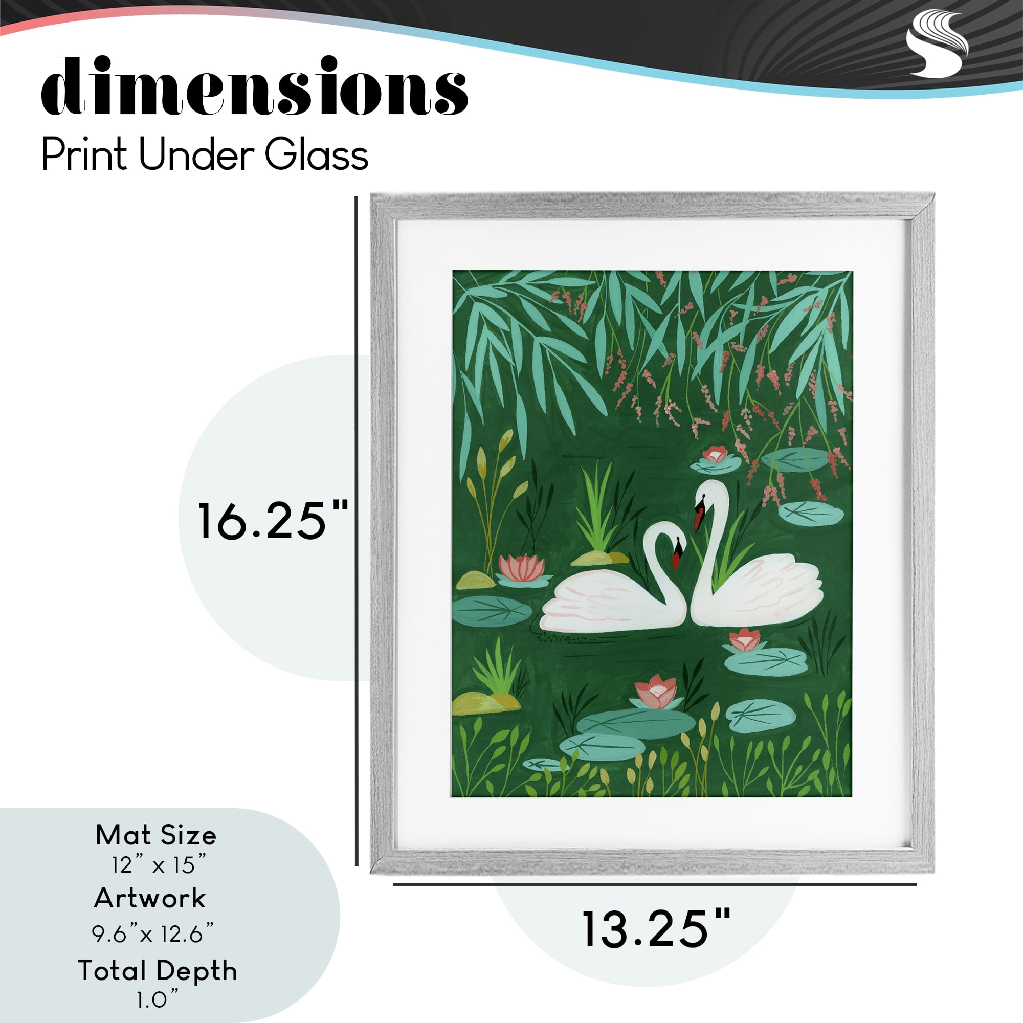 Swan Pair on Green Pond Gray Framed Print Under Glass, design by Nabeela Rumi