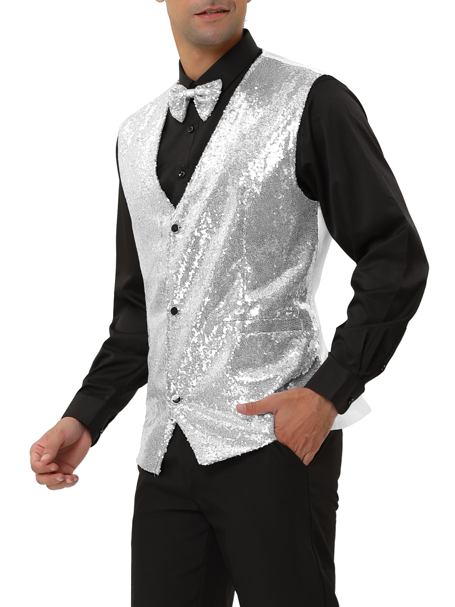 Unique Bargains Men's Disco Shiny Sequin Vest Suit Waistcoat Set with Bow Tie L Silver