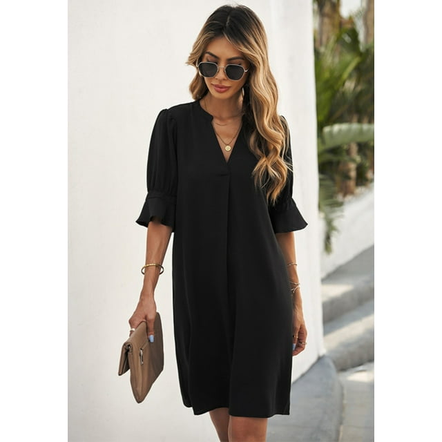 Vestido camisero con volantes y escote en V para mujer, vestido informal sencillo de verano