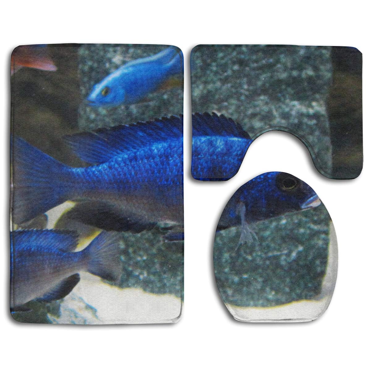 GOHAO Ocean Blue Beautiful Fish 3 Piece Bathroom Rugs Set Bath Rug