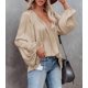 thumbnail image 4 of Blusas de satén LAMISSCHE para mujer, extragrandes, mangas acampanadas, plateadas, sexy, cuello en V profundo, túnica con lentejuelas (albaricoque, S), 4 of 5