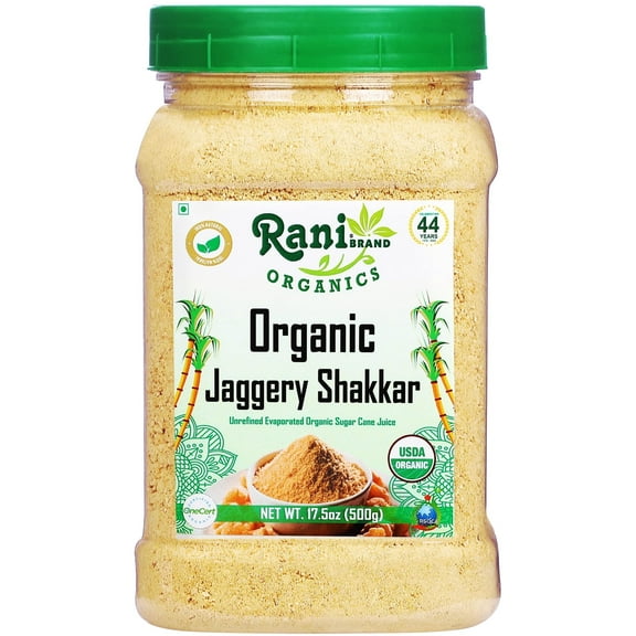 Rani Organic Jaggery Shakkar (Unrefined Evaporated Organic Sugar Cane Juice) 17.5oz (1.1lbs) 500g PET Jar ~ Gluten Friendly | Vegan | NON-GMO | Indian Product | USDA Certified Org