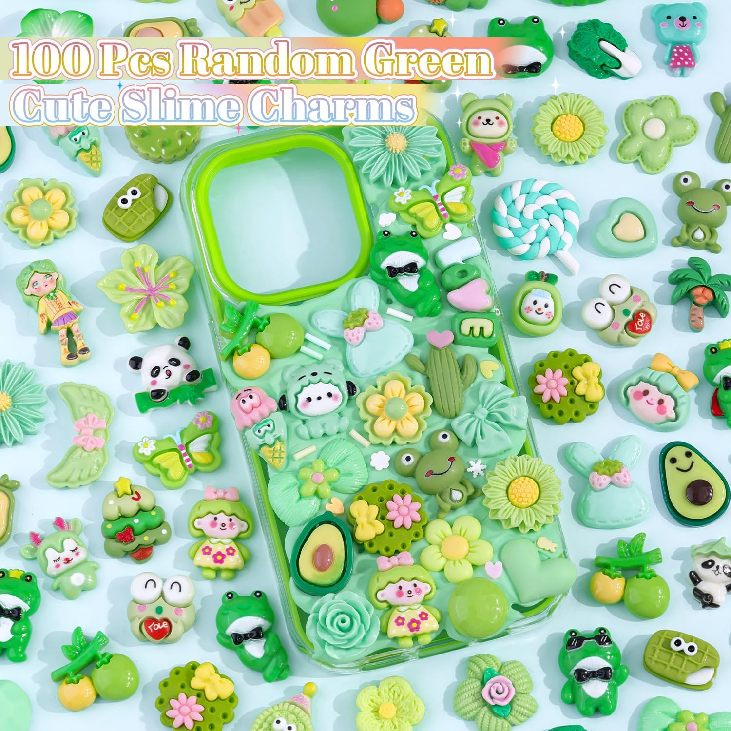 MEC 100Pcs Green Slime Charms Assorted Cute Decoden Embellishments, Kawaii Slime Accessories,Candy Heart Bear Bulk Flatback Resin Charm for Phone Junk Cases,Scrapbooking Crafting & DIY Decoration