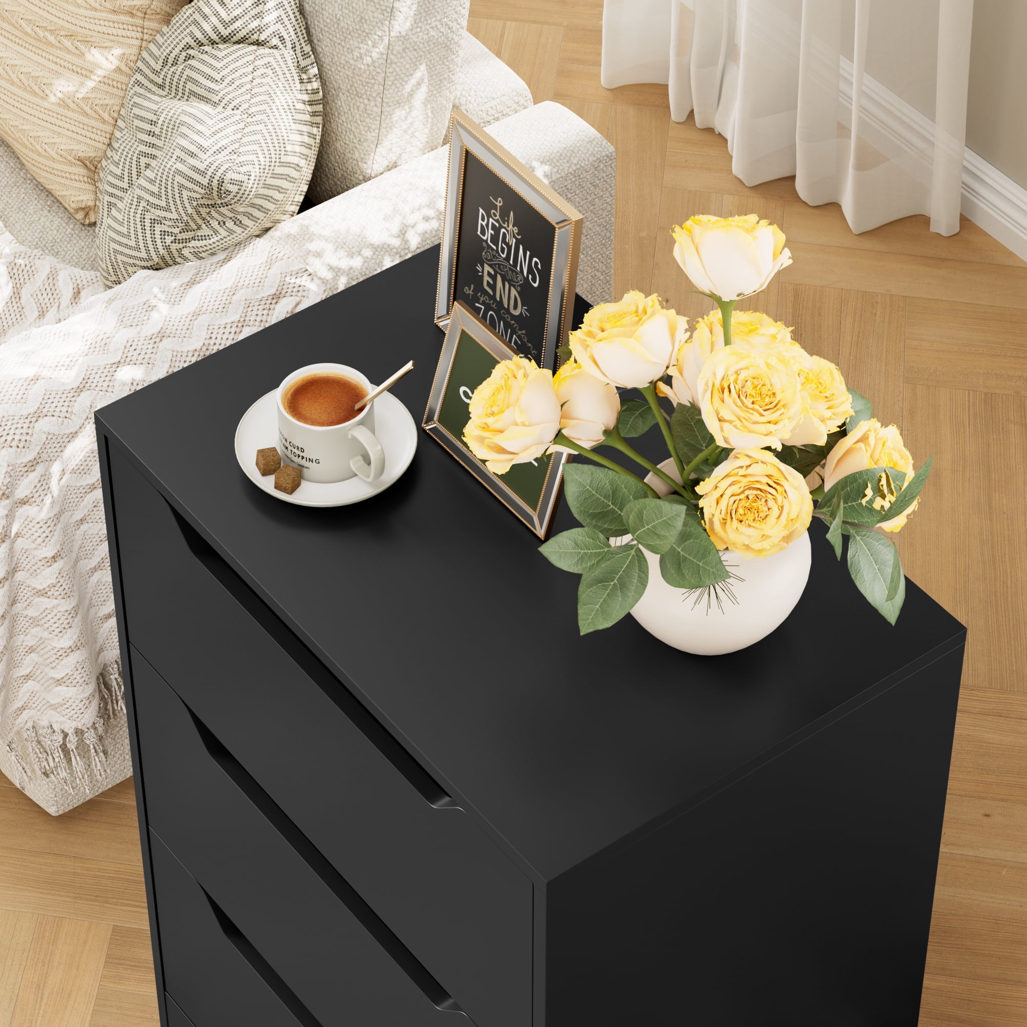 Homfa 3 Drawer Dresser, 23.6”W Nightstand, Wood Chest of Drawer with Cutout Handles for Bedroom Living Room，Black