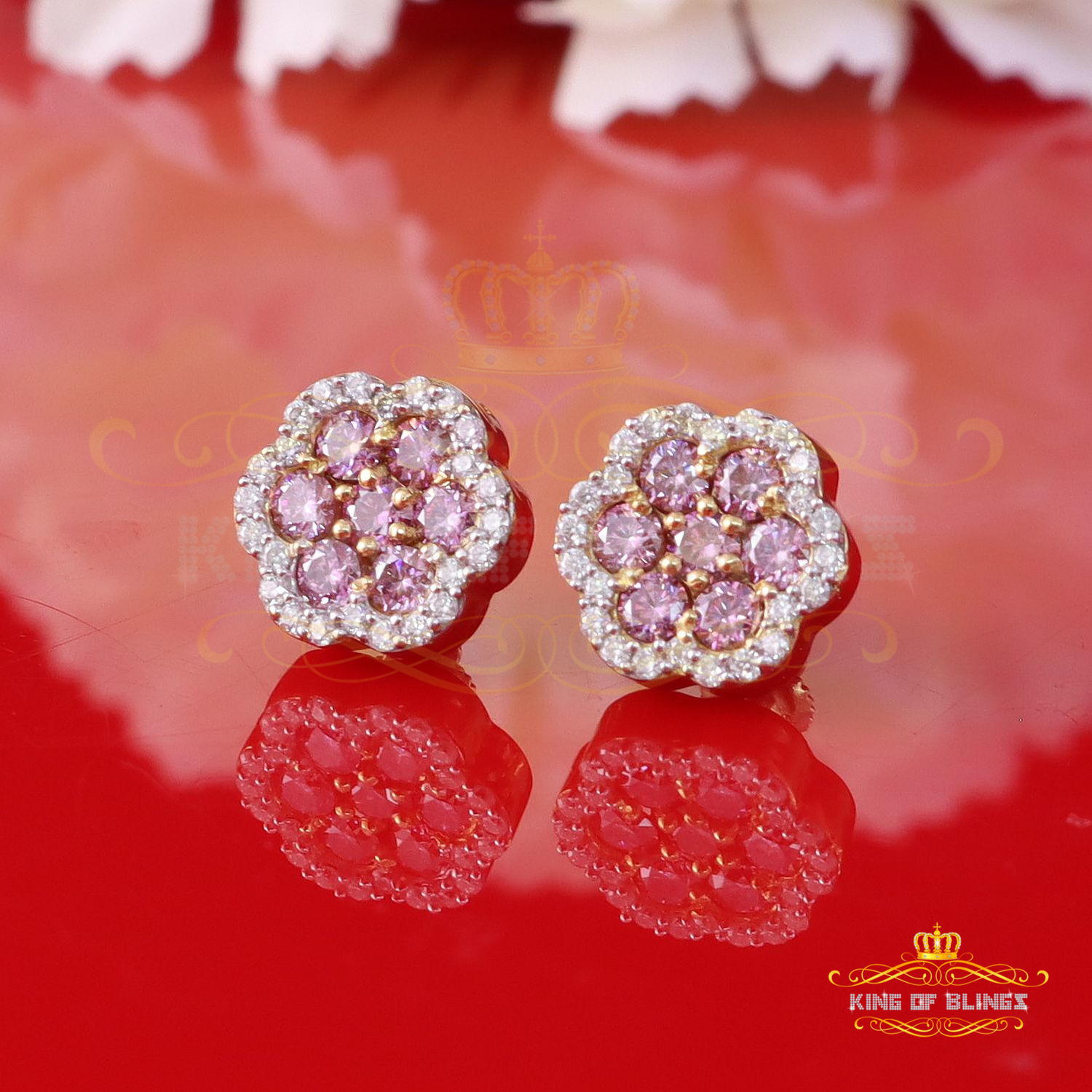 King of Bling's 925 Silver Yellow 1.50ct VVS D Pink Moissanite Floral Mens/Women's Stud Earrings