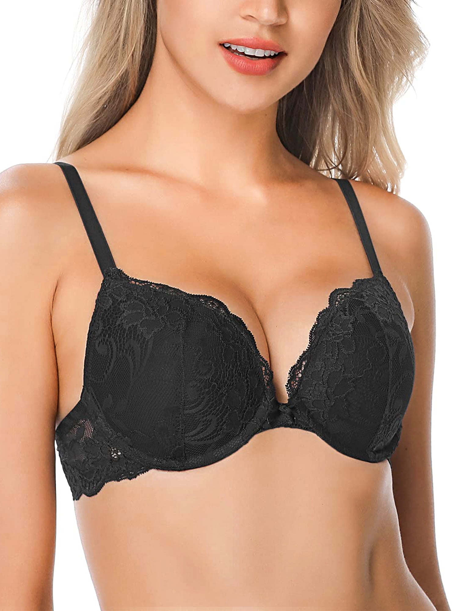Deyllo Women's Lace Push Up Padded Plunge Add Cups Underwire Lift Up Bra,Black 38C