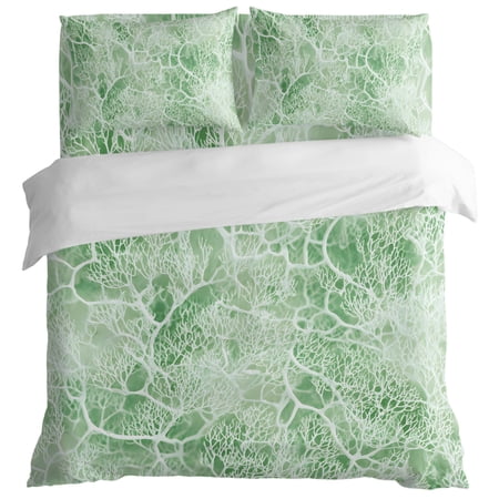 Coral Branches Duvet Cover Set King Size Boho Abstract Rustic Veins Light Green Vintage 4 Piece Bedding Set with Zipper Closure & Corner Ties Soft Breathable Comforter Cover for Bedroom