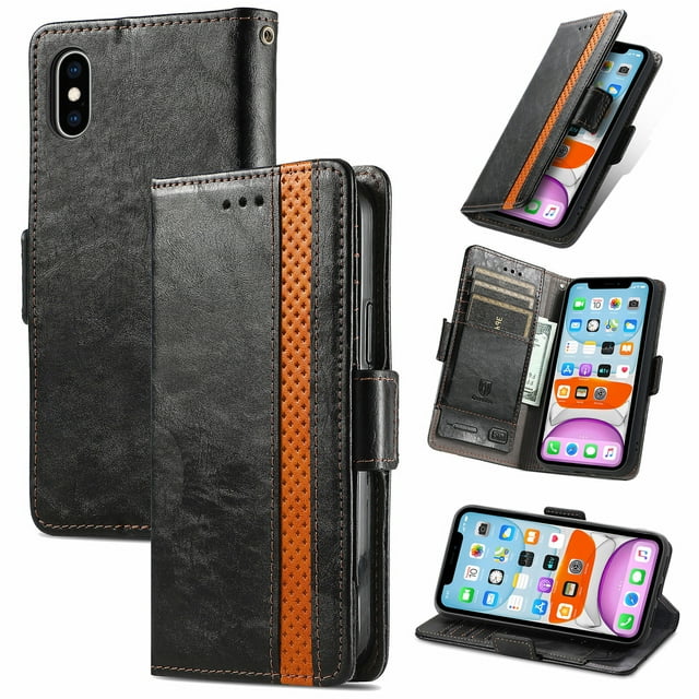Case for iPhone X/XS Cover Leather Wallet Folio Case Book Design Flip Magnetic Closure - Black