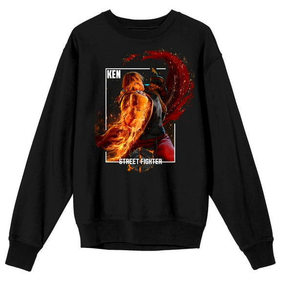 Street Fighter VI Ken Fiery Battle Stance Crew Neck Long Sleeve Black Adult Sweatshirt-XL
