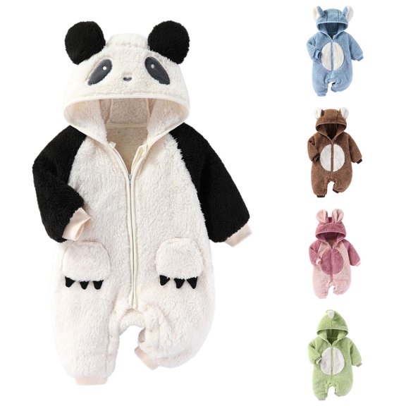 Oiyii Newborn Boy Hooded Romper Panda Fleece Long Sleeve Jumpsuit Everyday Bodysuit