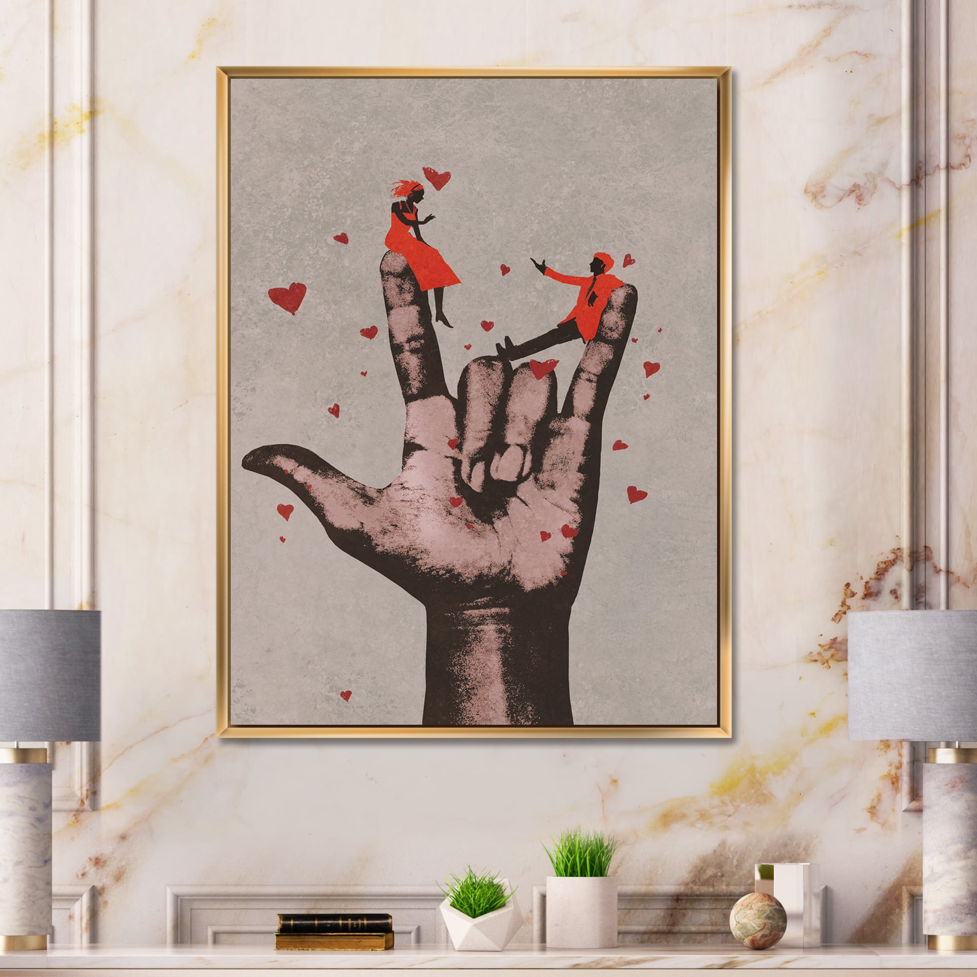 Designart 'I Love You Hand Sign With Romantic Couple' Modern Framed Canvas Wall Art Print