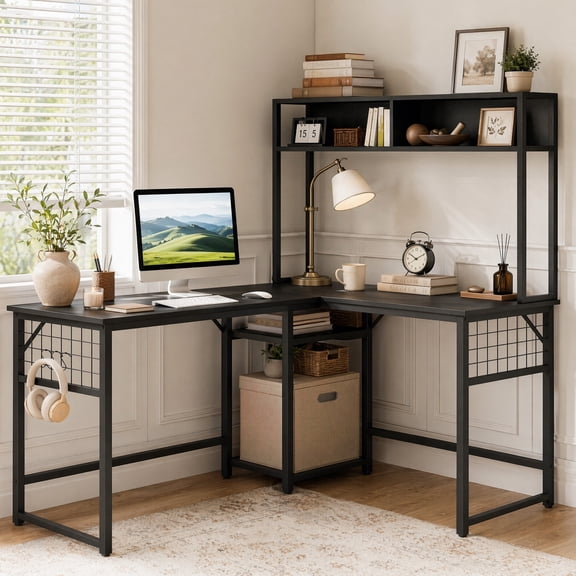59" L Shaped Desk with Power Outlet &Hutch, Reversible Computer Desk with Hooks & Open Shelf for Home Office Gaming,Black