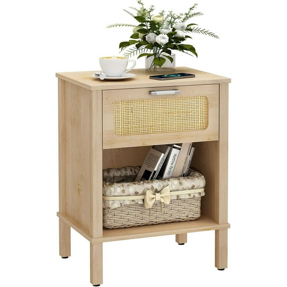 Small Rattan Nightstand, Boho Bedside Table,End Table with Drawer, Rattan Furniture,Rattan Nightstand with Boho Desk for Living Room,Bedroom,Small Space Natural