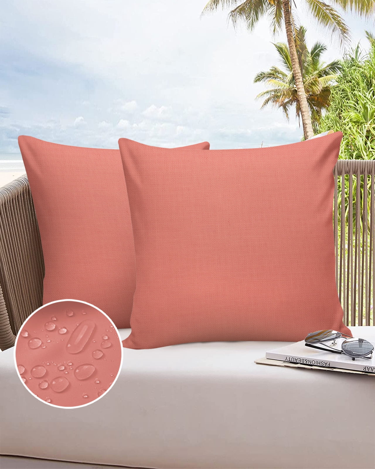 Pack of 2 Outdoor Pillow Covers, Peach Solid Waterproof Square Throw Pillowcase Cushion Decorative Pillow Covers for Couch Patio Tent, 18x18 in