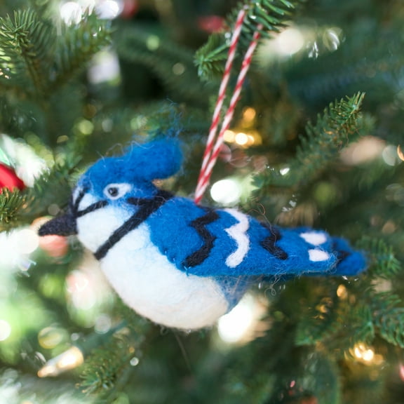 Blue Jay Felt Wool Bird Christmas Ornament - Fair Trade Handmade in Nepal