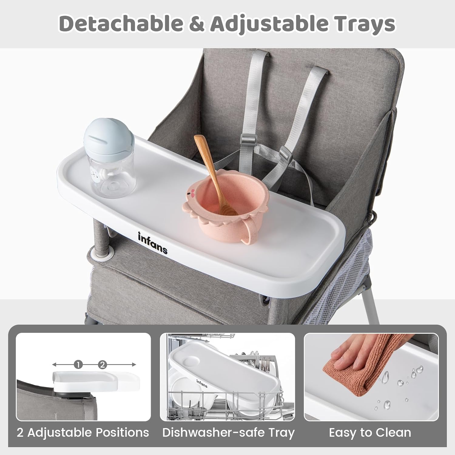 INFANS Baby High Chair, Foldable Portable Highchair for Babies and Toddlers with Travel Bag Adjustable Tray, 5 Point Harness, Compact Space Saver Infant Feeding Chair for Age 6-36 Months