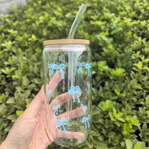 500ml Pink Blue Bow Glass Cups with Lids and Straw for Iced Milk Coffee Cup Outdoor Picnic Party Mug Cocktail Matcha Juice Cup