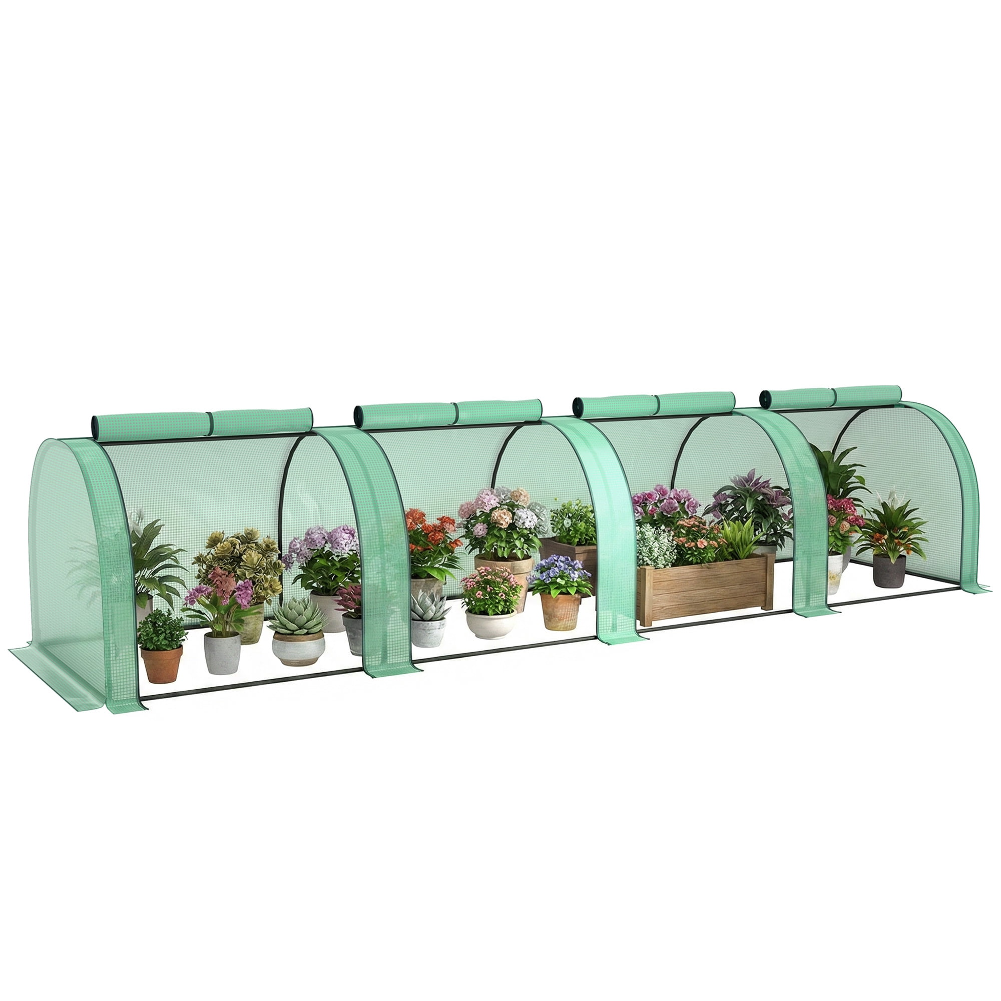 Outsunny Mini Greenhouse, 13' x 3' x 2.5' Portable Tunnels, 4 Roll-Up Zip Doors, UV Waterproof PE Cover, Steel Frame, Green