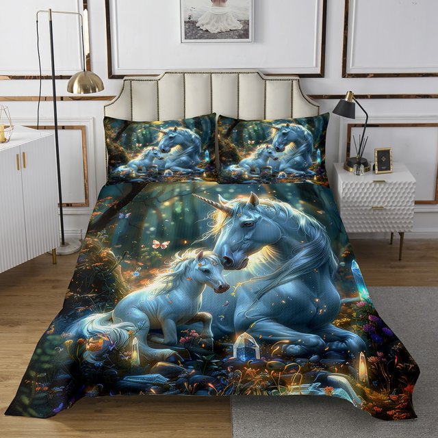 Erosebridal Magical Unicorn Coverlet Set Queen, Magic Jungle Butterfly Bedding Set, Animal Theme Home Decor 3 Pieces
