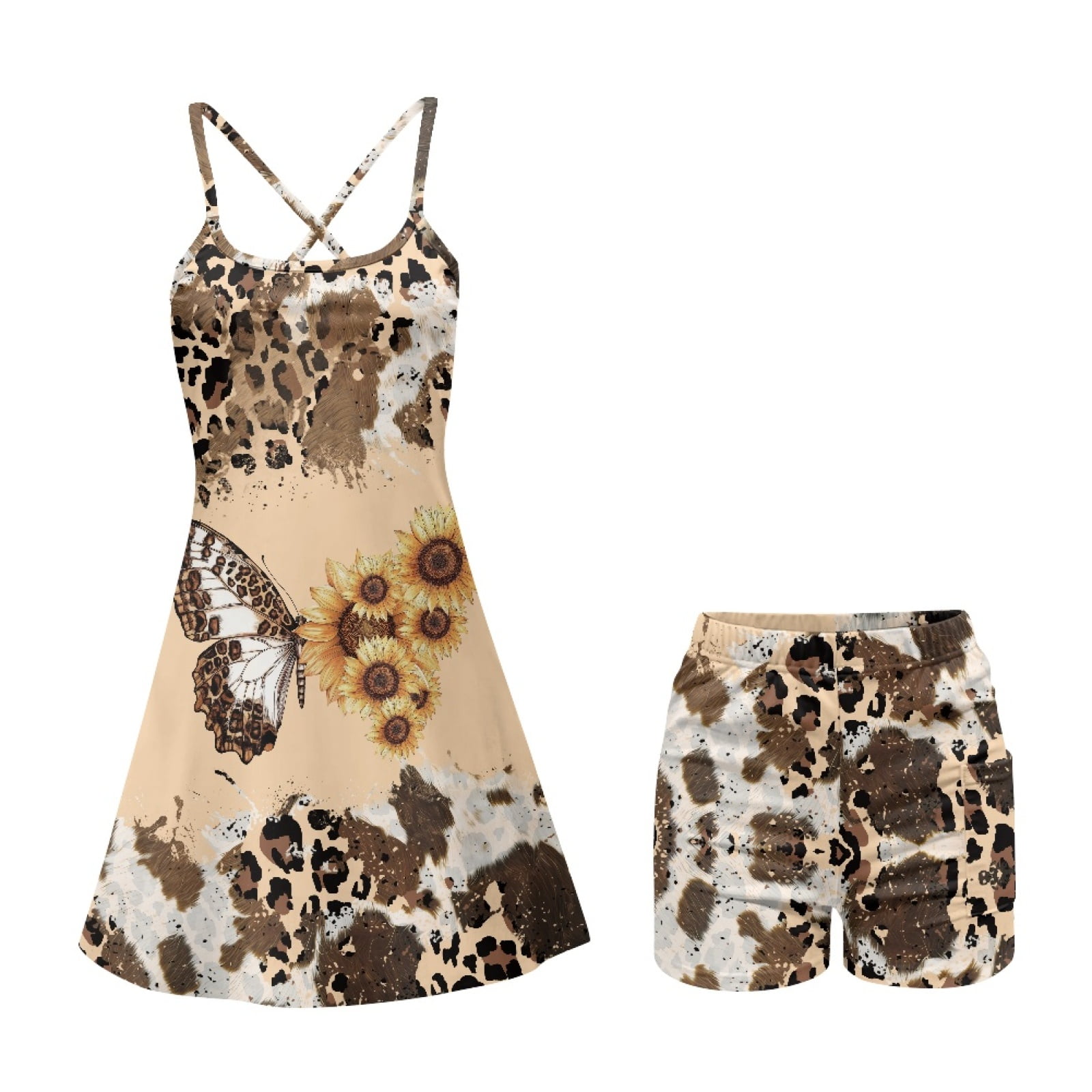 Yuyamidu Butterfly Womens Tennis Dress, Animal Print Sleeveless Athletic Dress with Built-in Shorts Pocket 2 Pieces Summer Golf Dresses for Women Workout Size XS