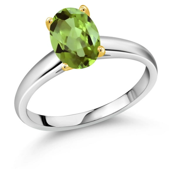 Gem Stone King 2.10 Ct Oval Green Peridot 10K White and Yellow Gold Ring Ring (Size 8)