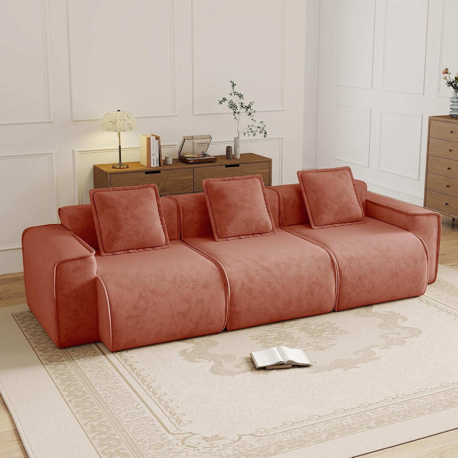 109" 3-Seat Modular U-Shaped Sectional Sofa, Red Velvet with Throw Pillows, No Assembly Required