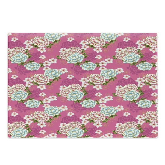 Traditional Cutting Board, Vivid Botanical Pattern from Taiwan Hakka Culture with Peony and Hibiscus, Decorative Tempered Glass Cutting and Serving Board, Large Size, Pink Blue Green, by Ambesonne