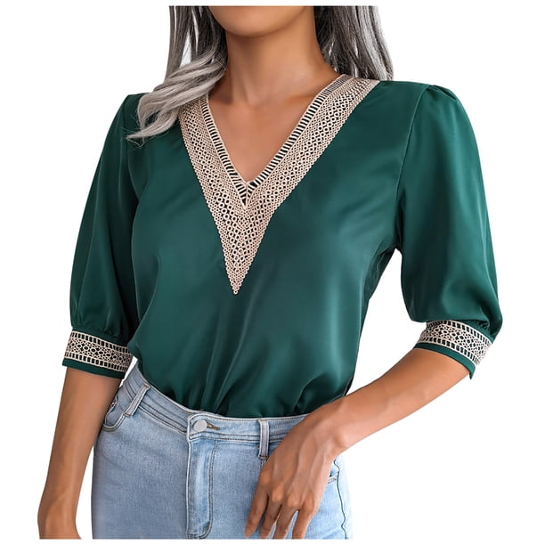 Moda mujer Casual encaje Patchwork cuello pico 1/2 manga temperamental suelta camiseta verano blusa Tops Pompotops hkajfhjk472142