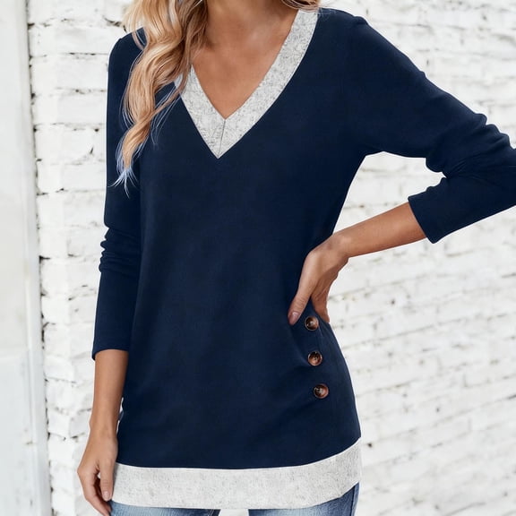 Lightweight Sweaters for Women Long Sleeve Dressy V Neck Knit Tunic Tops with Decorative Buttons