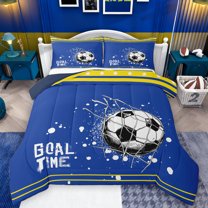 Feelyou Teens Watercolor Football Queen Comforter Set, Cartoon Soccer Sports Bedding Sets, Rugby Goal Time Reversible Bedding Comforter Set, Blue Yellow Lightweight Room Decor, 3pcs
