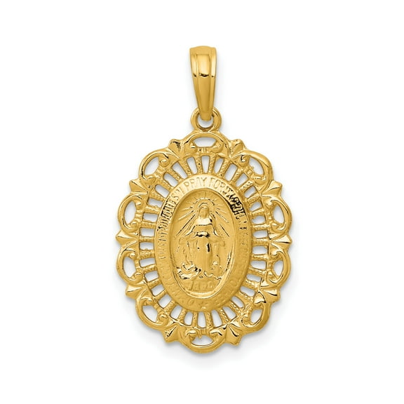 14k Yellow Gold Miraculous Medal Pendant for Women, Virgin Mary Oval Medallion with Filigree Border, Catholic Devotional Necklace, Christian Religious Symbol of Faith and Protection