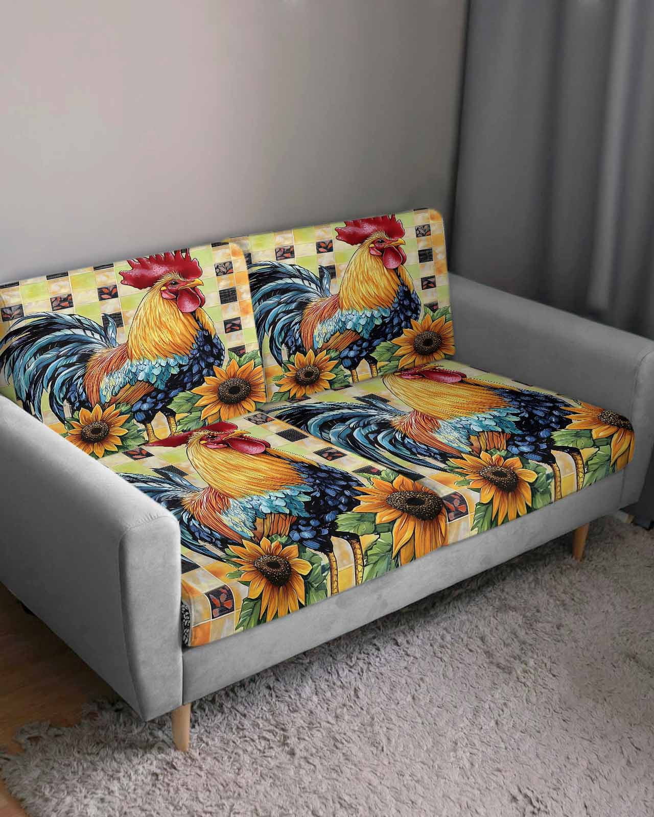 Retro Rooster Sofa Couch Cushion Covers Washable, Removable Stretchable Sectional Couch Covers, Yellow Sunflower Watercolor Animals Plaid Slipcovers for L & T Shape Sofa Protector S Size 1 pc